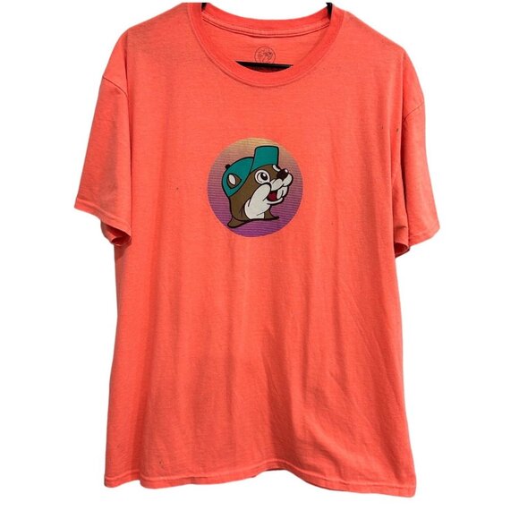 Bucc-ees Coral T-Shirt With Cartoon Graphic Happy Place Print Sz Large - Picture 2 of 8